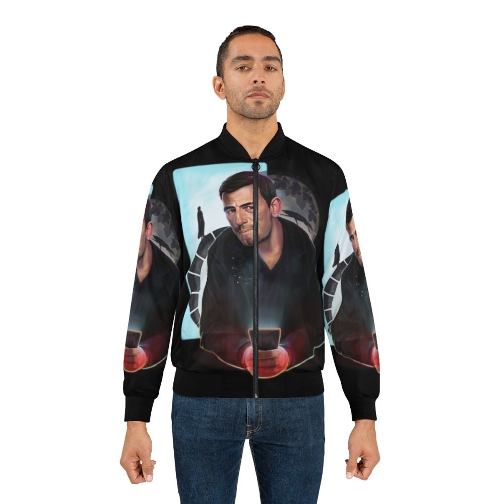 Dracula Transylvania bomber jacket featuring a hand-drawn painting of a dinner scene with the moon, vampires, and wolves - Lifestyle