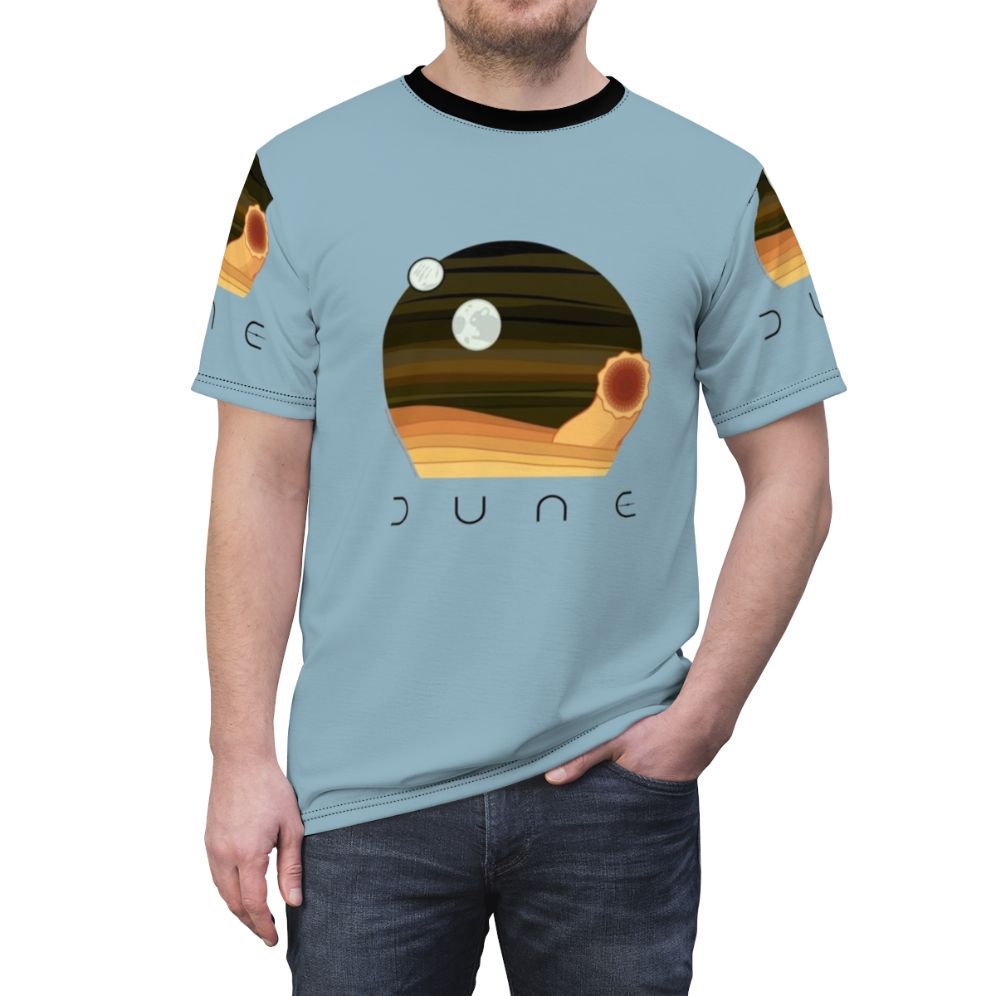 Dune-inspired t-shirt with a minimalist design featuring a desert night scene and a sandworm from the Dune science fiction franchise. - men front