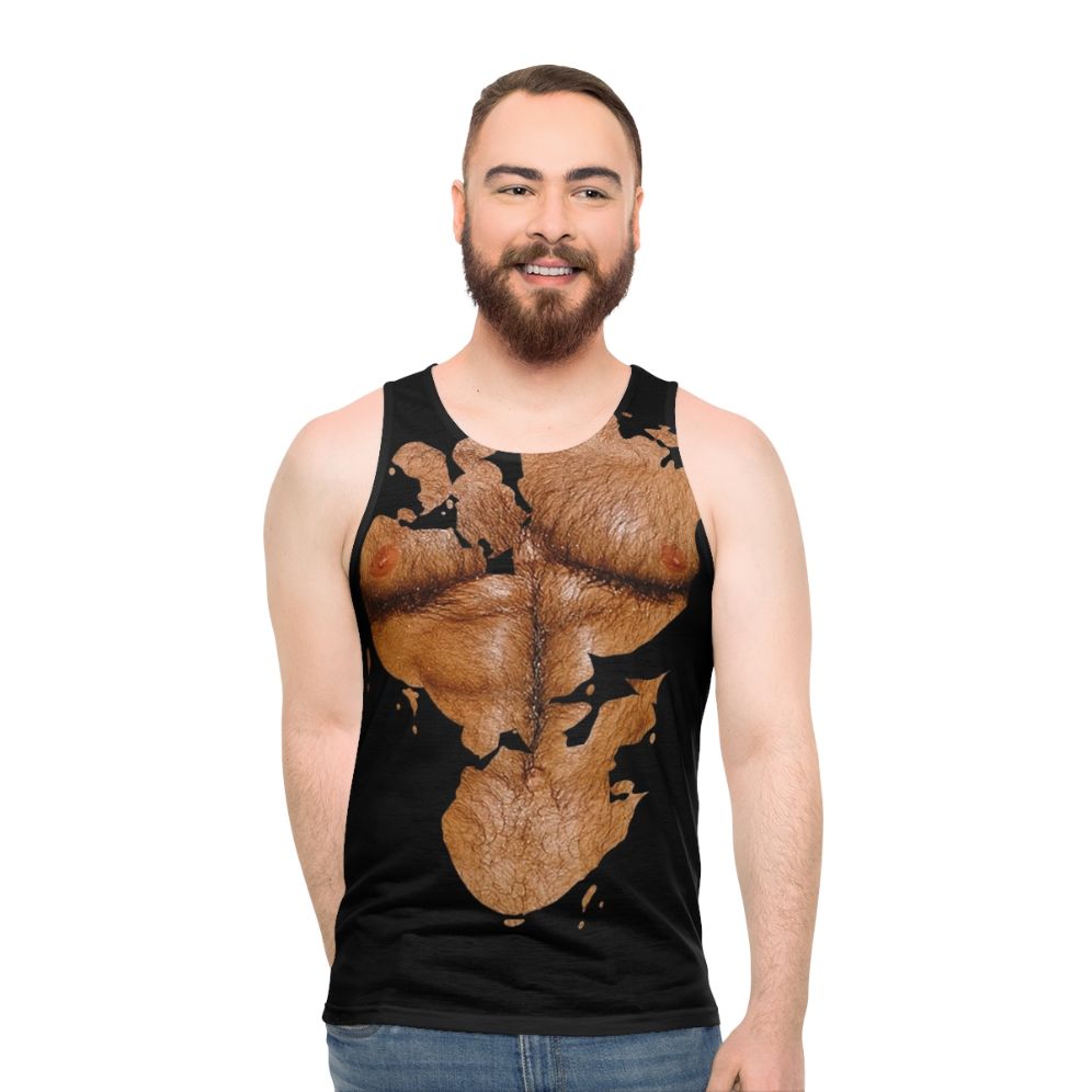 Muscular hairy chest man wearing a unisex fitness tank top - men