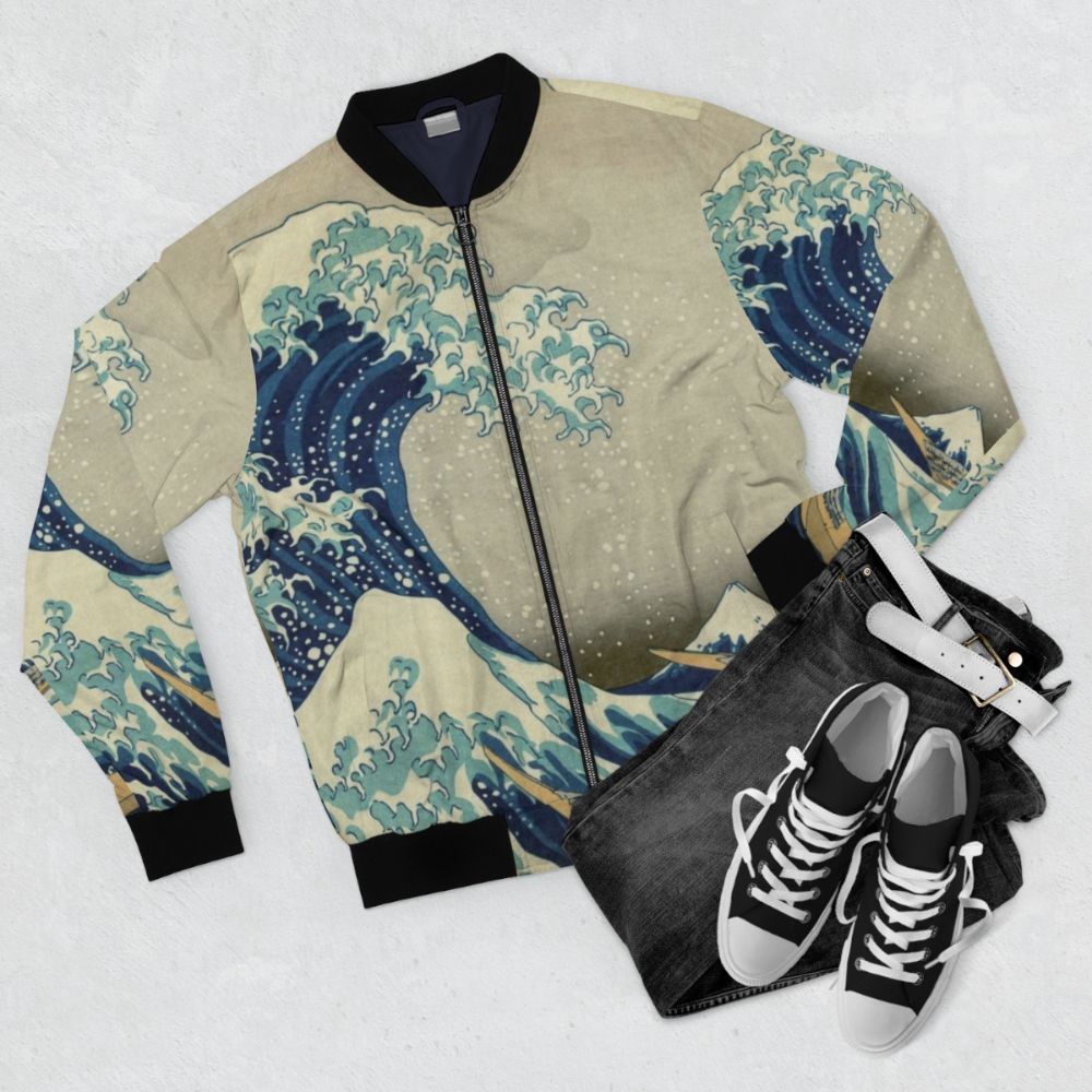 Stylish Japanese-inspired bomber jacket with the famous "Great Wave off Kanagawa" design. - Flat lay