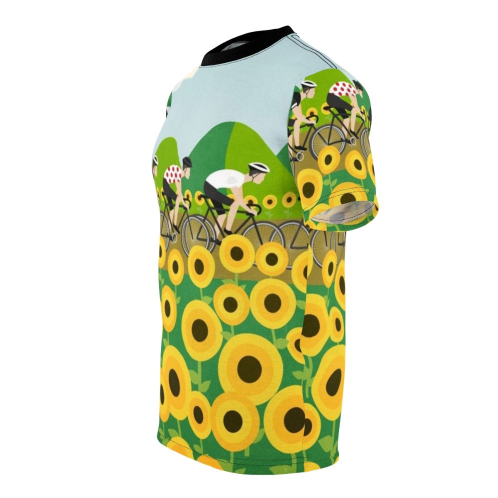 Colorful cycling t-shirt design featuring a road bike, sunflowers, and red polka dots, inspired by the iconic Le Tour de France race. - men left