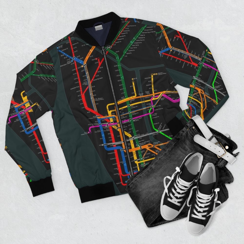 NYC Subway Map Bomber Jacket featuring the iconic metro system map - Flat lay