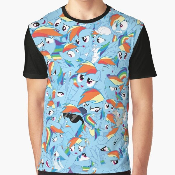 Rainbow Dash, the beloved My Little Pony character, featured on a colorful graphic t-shirt for bronies.