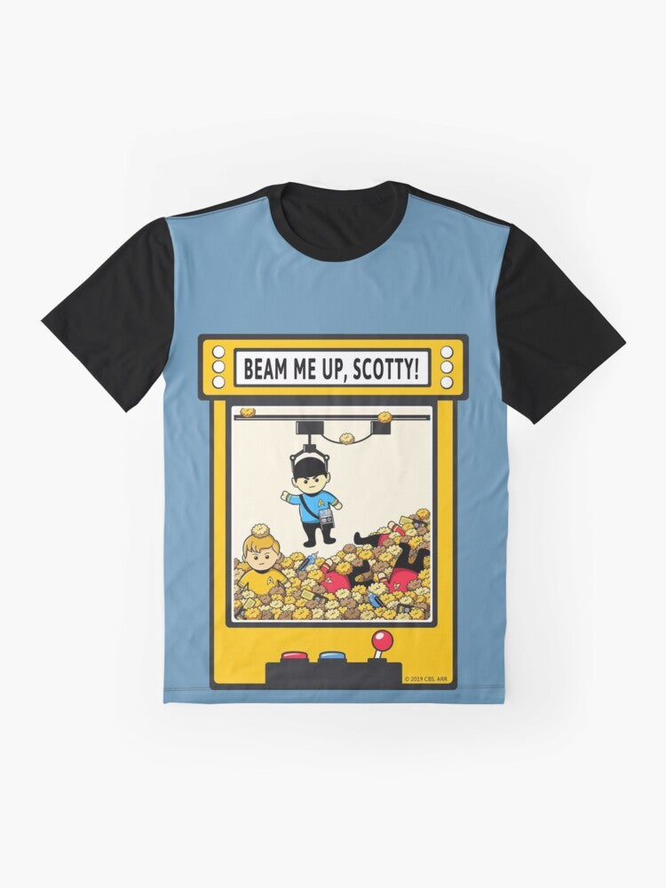 A Star Trek graphic tee with the iconic "Beam Me Up, Scotty" quote and characters like Spock and Captain Kirk. - Flat lay