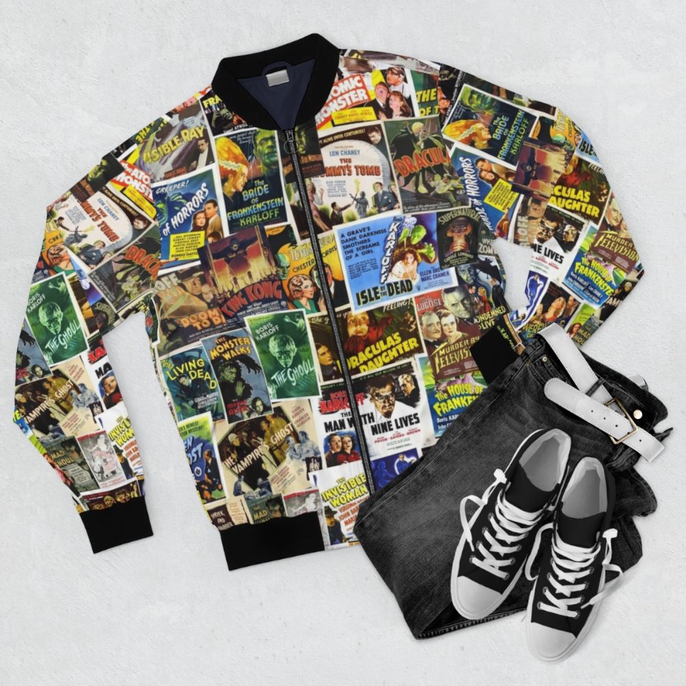 Vintage horror bomber jacket featuring classic movie monsters like Dracula, Frankenstein, and more. - Flat lay