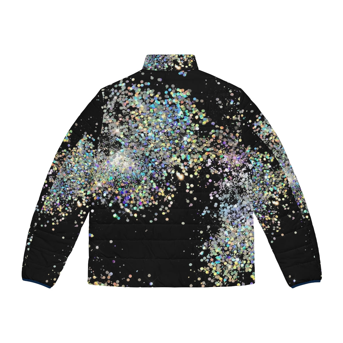 Black and multicolor sequin faux puffer jacket with glitter, ombre, and abstract patterns - Back