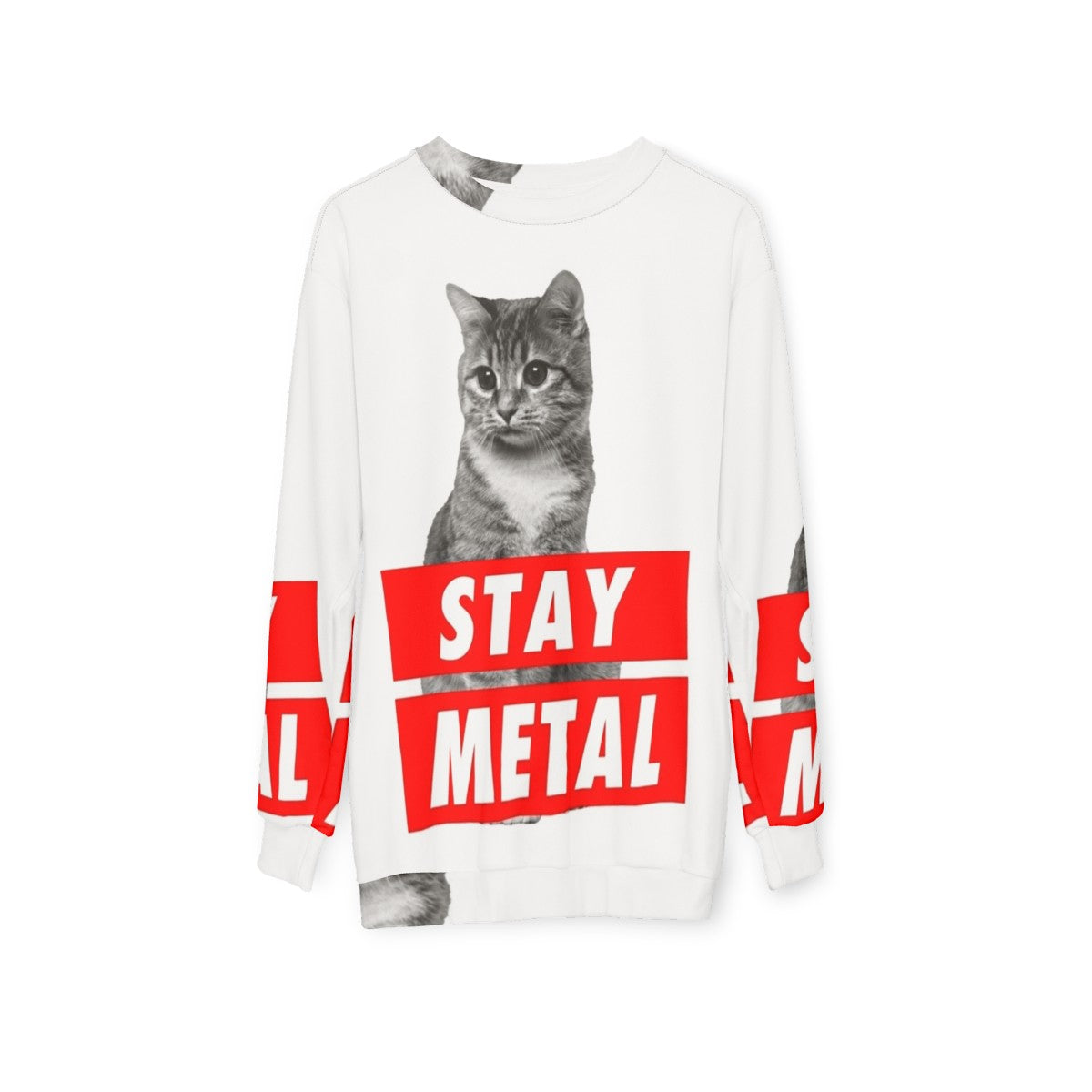 Stay Metal Heavy Metal Sweatshirt with Nicolas Cage Cat Meme Design - hanging