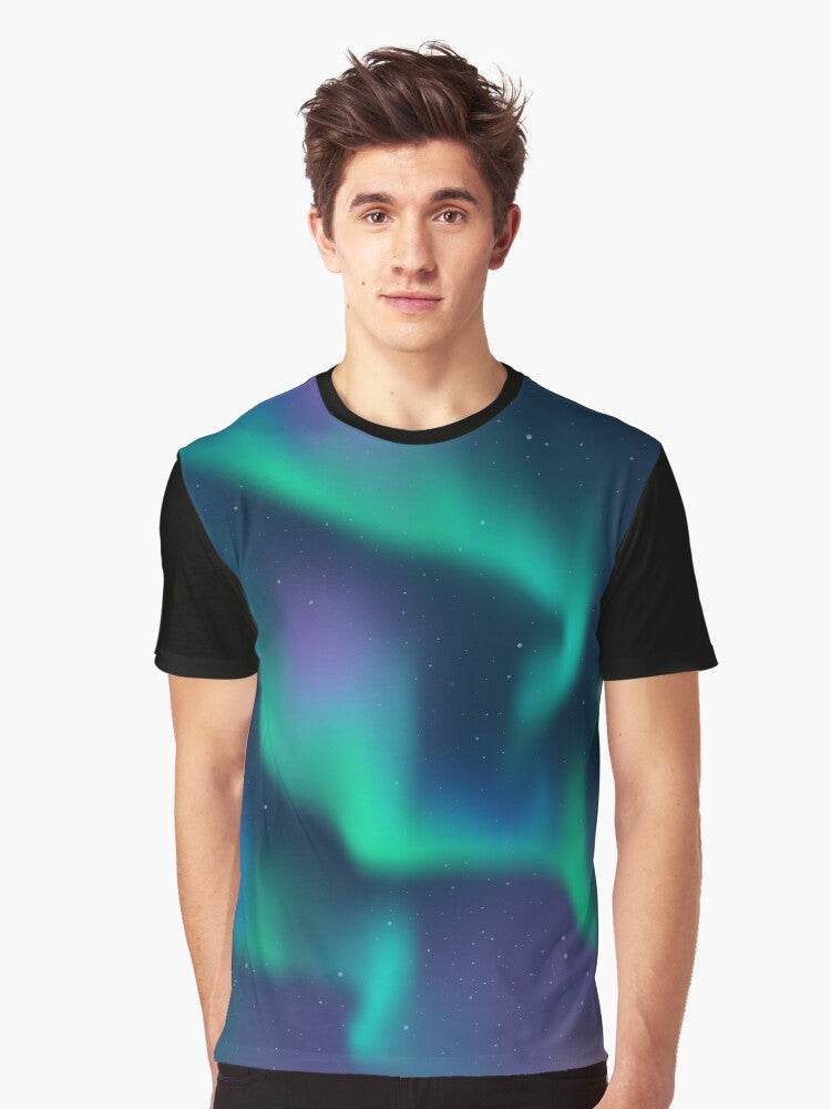 A t-shirt design featuring the mesmerizing aurora borealis, the natural phenomenon of the northern lights. - Men