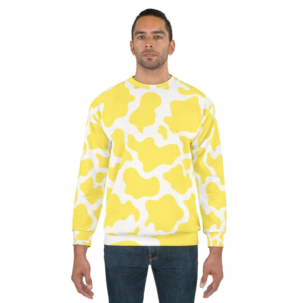 Yellow cow print sweatshirt with textured animal skin pattern - men