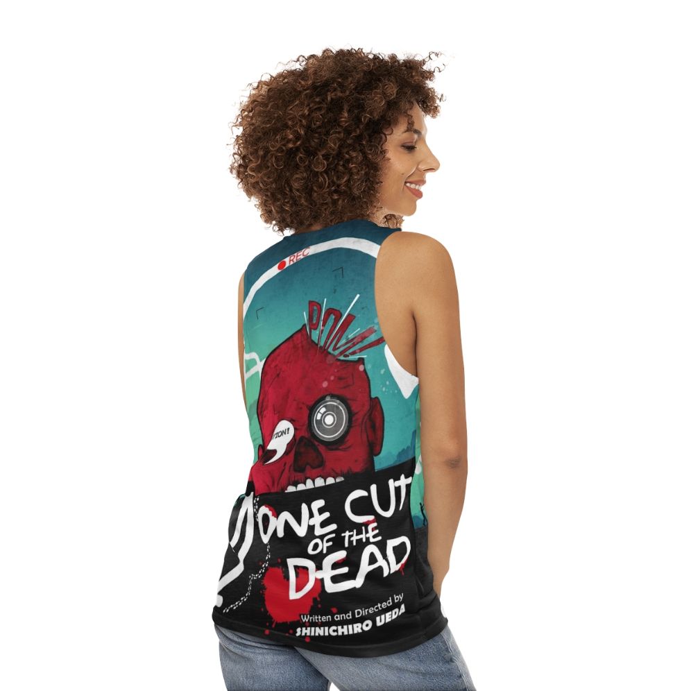 One Cut of the Dead unisex tank top featuring a zombies parody design - women back