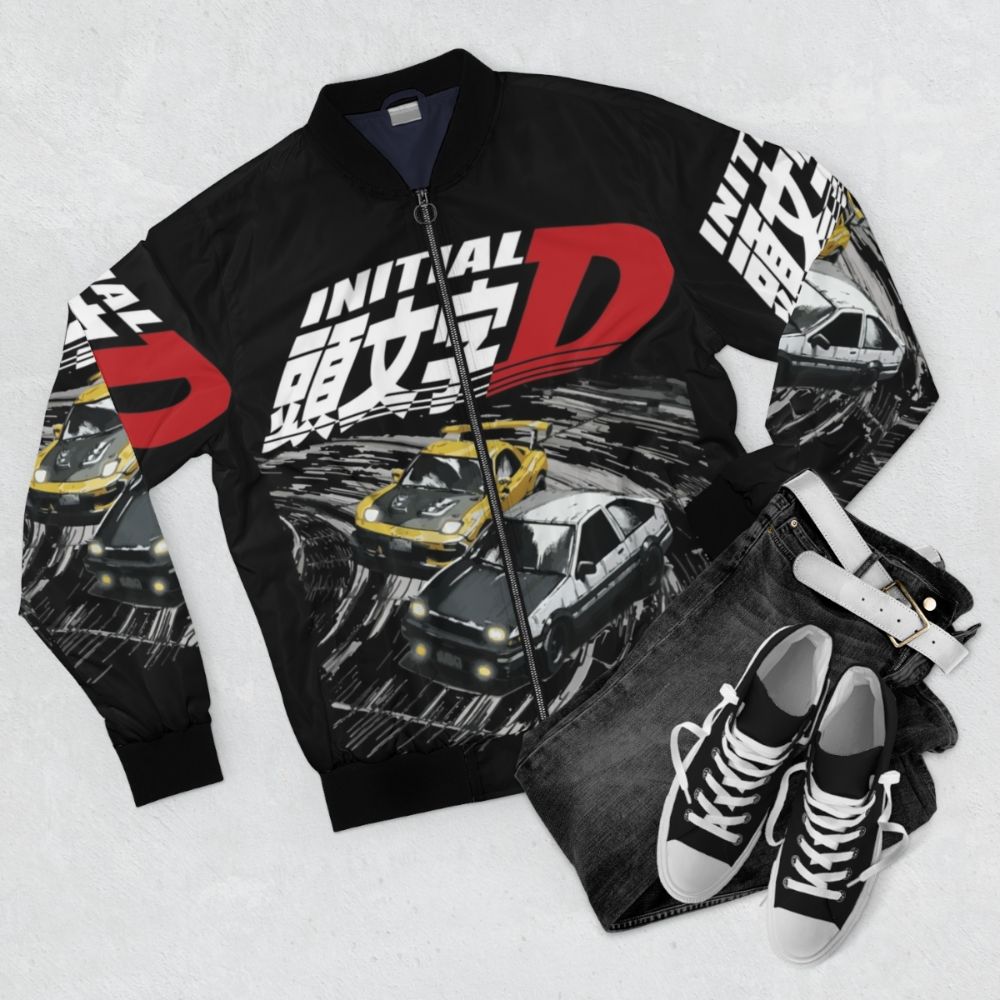 Initial D Inspired Bomber Jacket with AE86 and FD RX-7 Designs - Flat lay