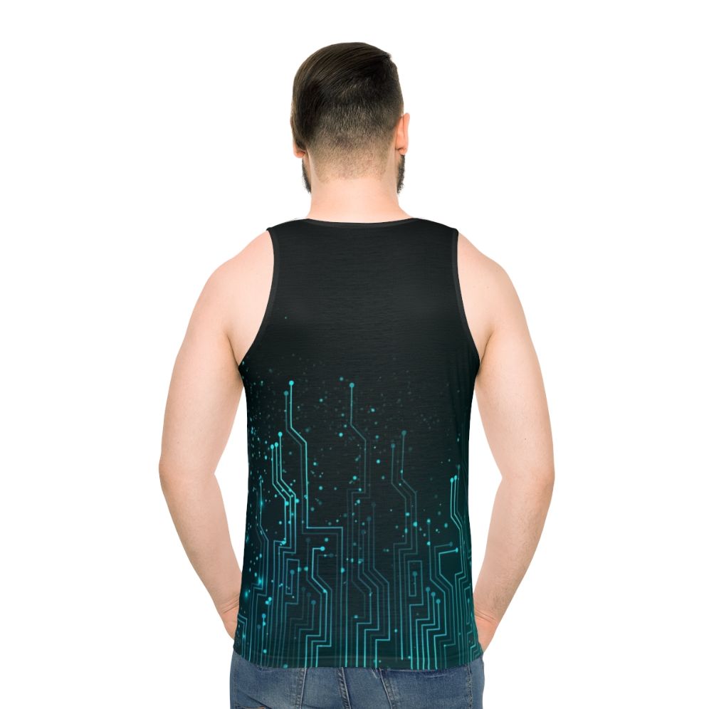 Unisex tank top with a vibrant circuit board pattern design - men back