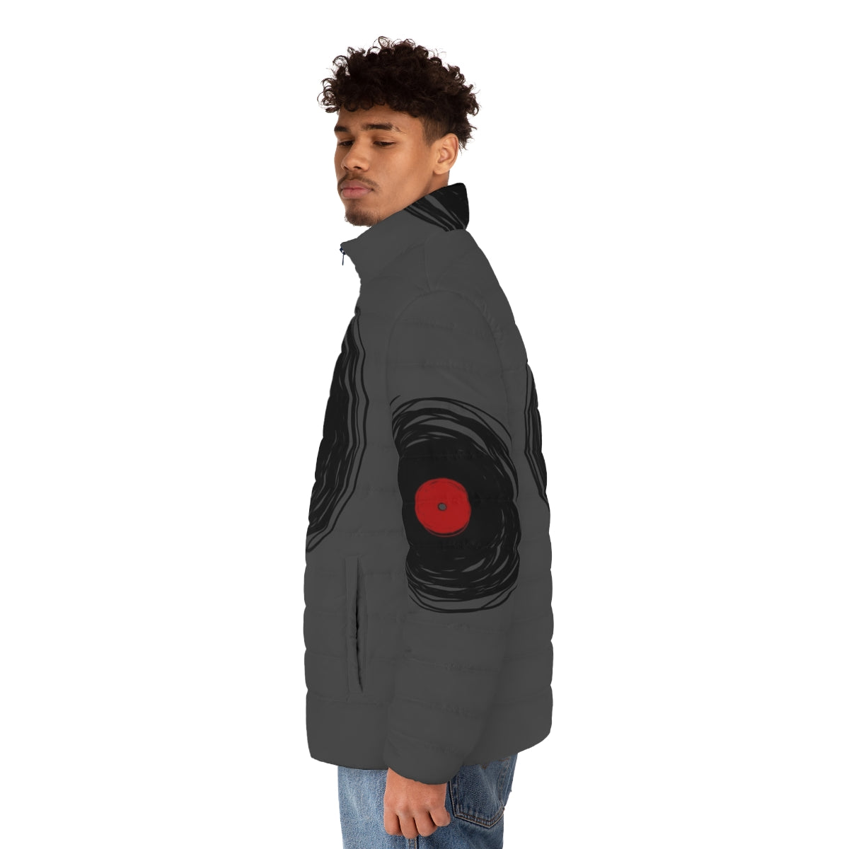 Person wearing a puffer jacket with a graphic design of a vinyl record spinning - men side left