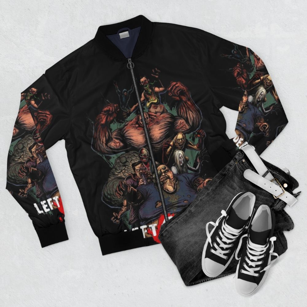 Left 4 Dead Zombie Bomber Jacket with a Valve logo and zombie graphic - Flat lay