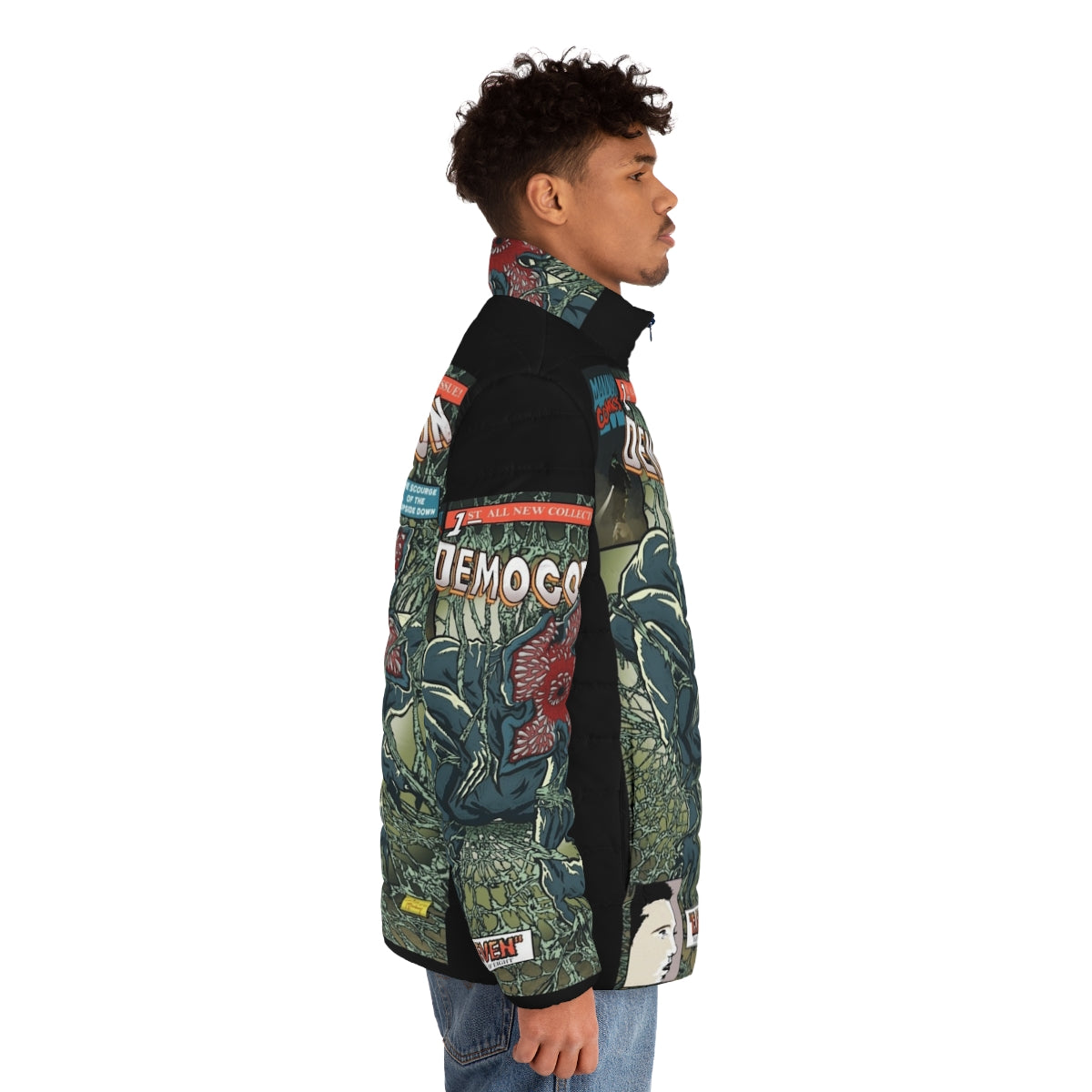 Demogorgon Puffer Jacket featuring Stranger Things-inspired design with spiderwebs and interdimensional elements - men side right