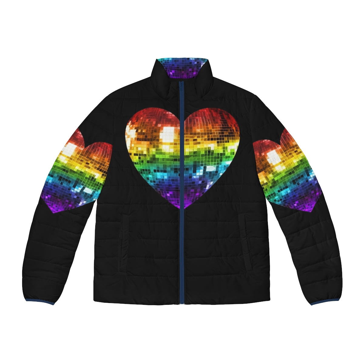 Colorful rainbow disco ball heart puffer jacket