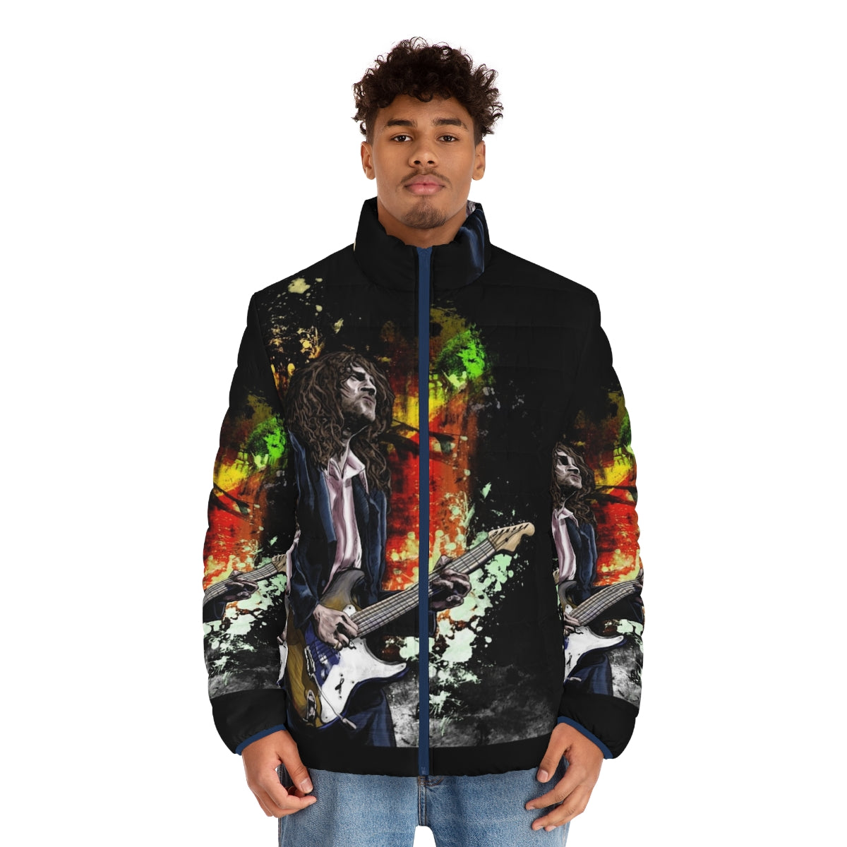 A puffer jacket featuring an illustration of John Frusciante, the legendary guitarist of the Red Hot Chili Peppers. - men front