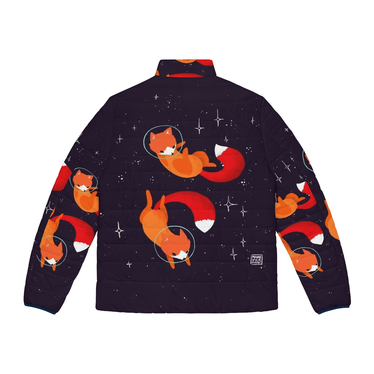 Puffer jacket featuring a digital illustration of cute space foxes in a starry galaxy - Back