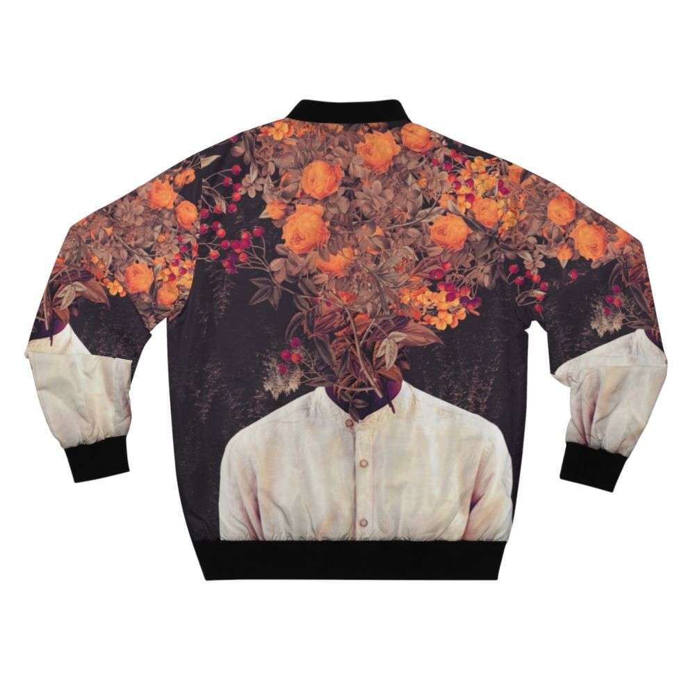 Vintage-inspired floral bomber jacket with a surreal, collage-style design. - Back