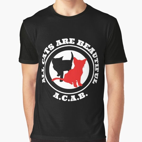 Graphic t-shirt design with the text "All cats are beautiful" and anarchist symbols, promoting cat and animal rights activism.