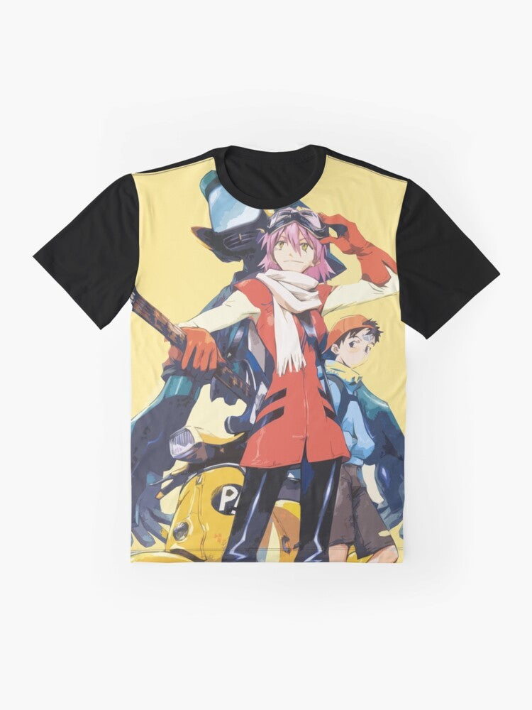 FLCL anime-inspired graphic t-shirt featuring the iconic FLCL logo and characters - Flat lay