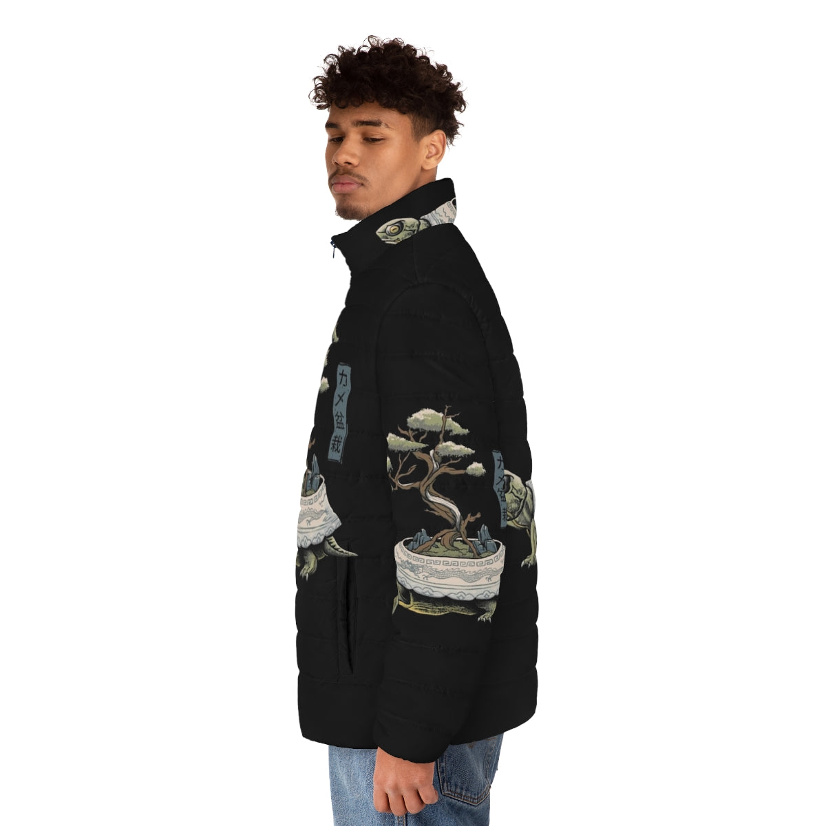 A puffer jacket with a turtle or "kame" design, featuring a Japanese-inspired nature theme. - men side left