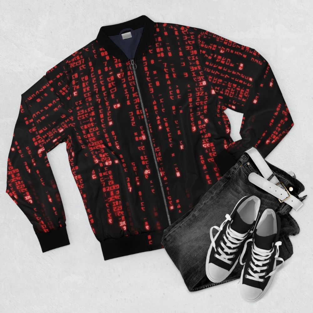 A red bomber jacket featuring a matrix-style binary code graphic design, perfect for tech enthusiasts and fans of futuristic fashion. - Flat lay