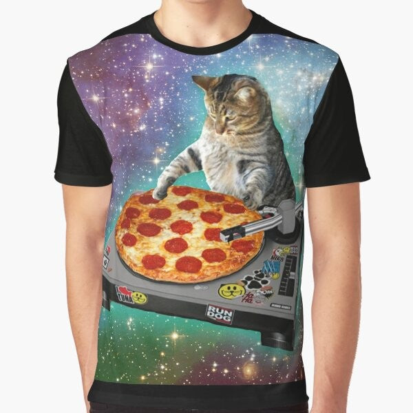 DJ Cat Pizza Graphic T-Shirt with a cool, funny, and meme-worthy design