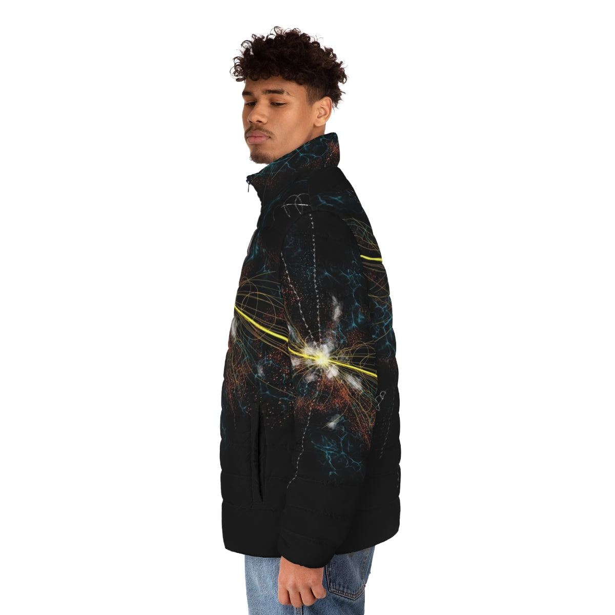 Higgs boson inspired puffer jacket with subatomic particle design - men side left