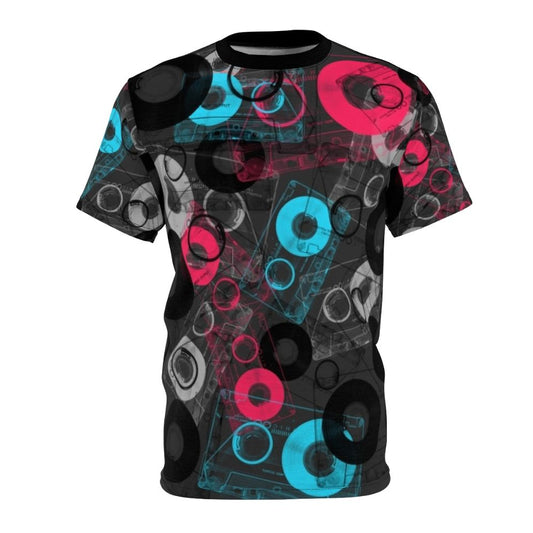 Retro music inspired t-shirt with vintage DJ style design in black, white, blue, and pink colors