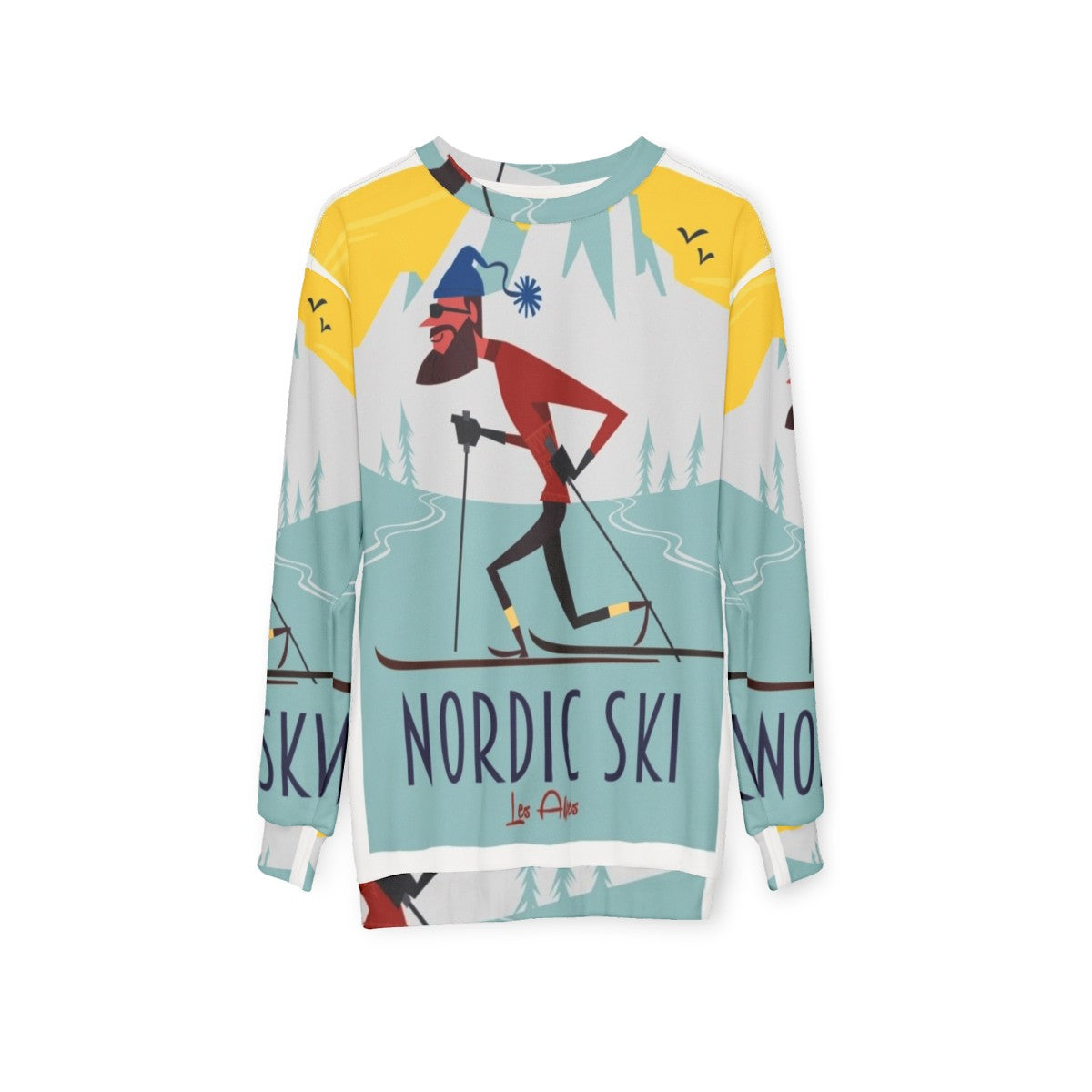 Nordic ski poster printed on a cozy sweatshirt - hanging