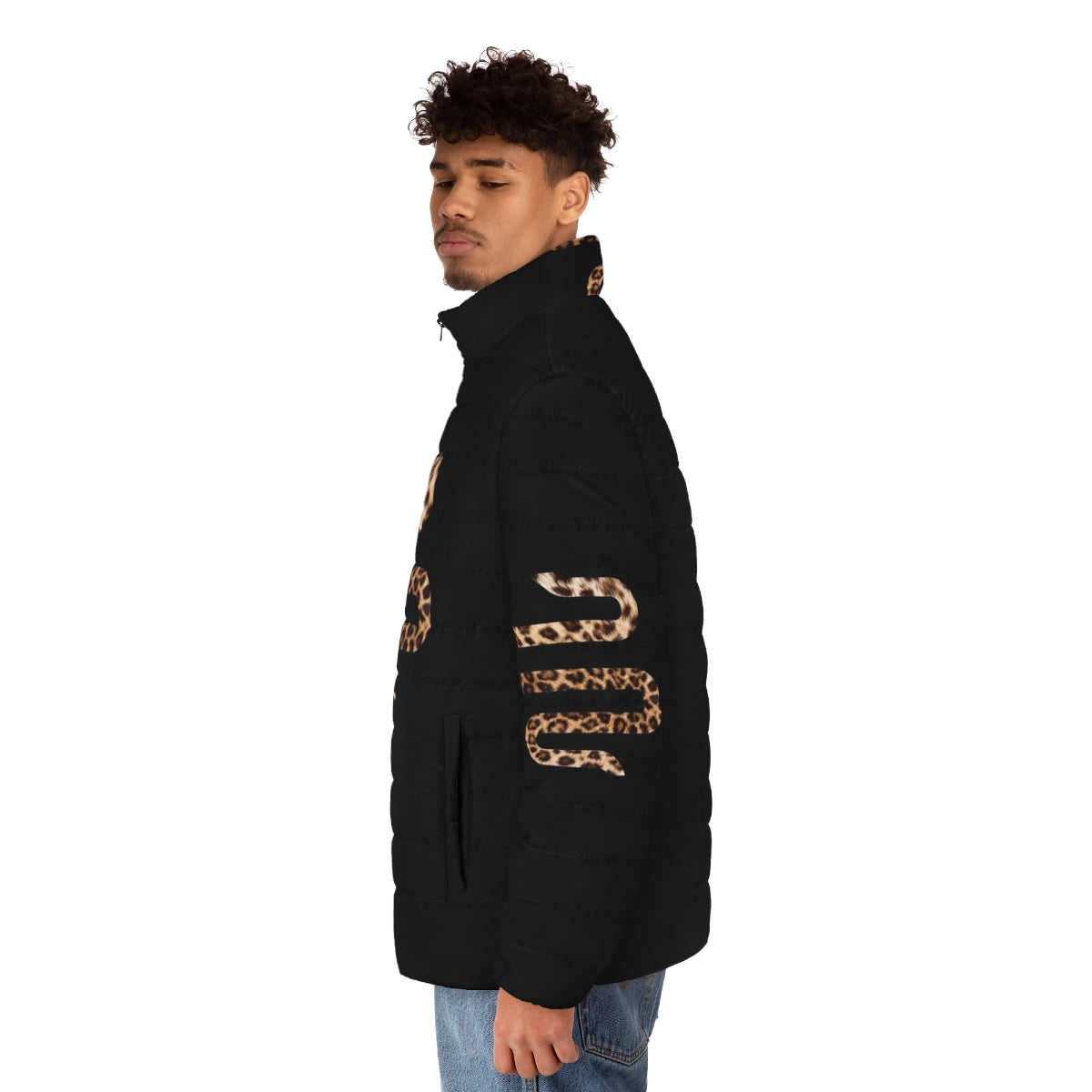 Sickick Cheetah Print Puffer Jacket featuring the iconic Sickick snake and cheetah design - men side left