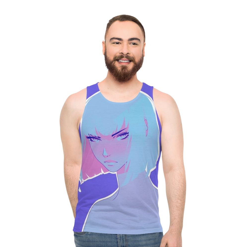 Colorful unisex winter tank top with anime-inspired flat design - men