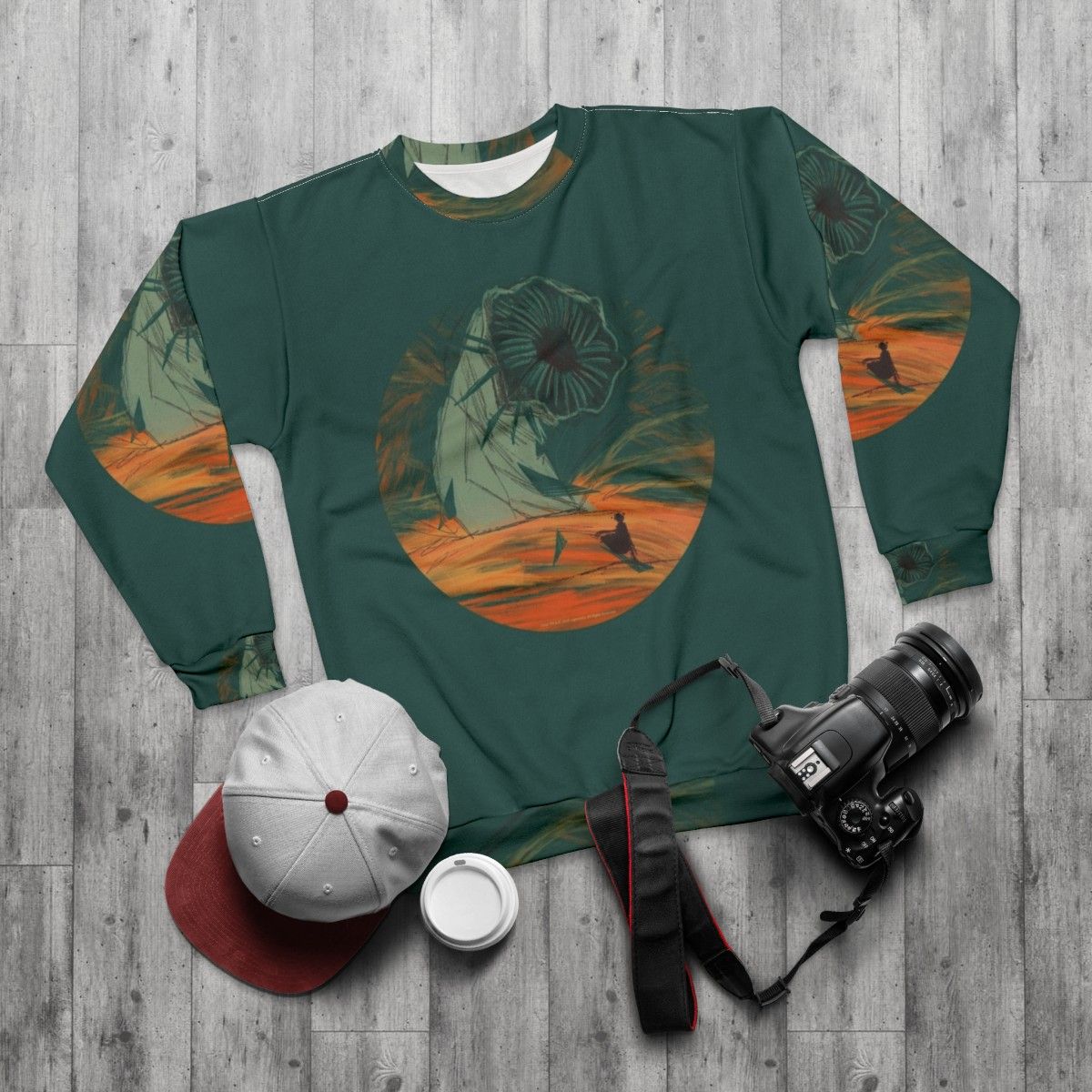 Dune movie inspired sweatshirt featuring Arrakis and sandworm - flat lay