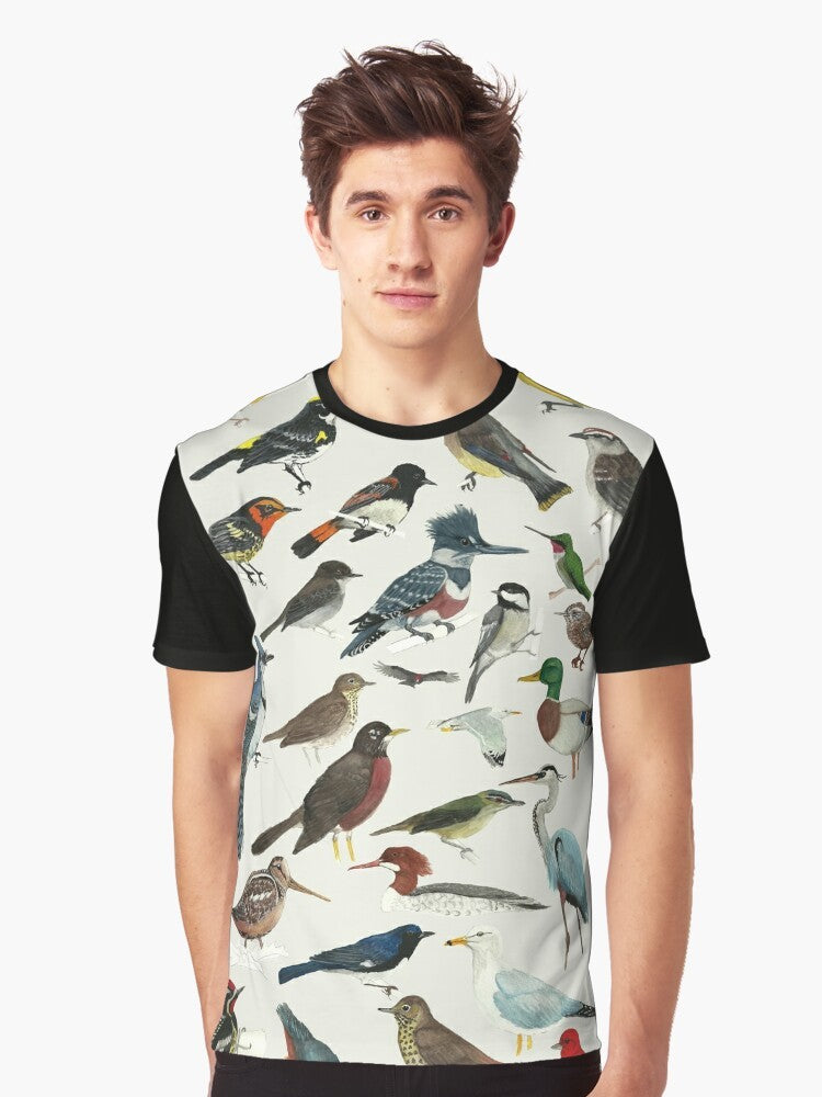 A stylish graphic t-shirt featuring a variety of birds, including the black-throated blue, blackburnian, and ruby-throated hummingbird, for bird lovers and nature enthusiasts. - Men