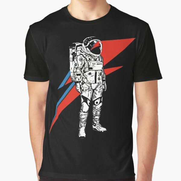 David Bowie music legend graphic t-shirt featuring iconic Bowie imagery like Ziggy Stardust, Starman, and Aladdin Sane.