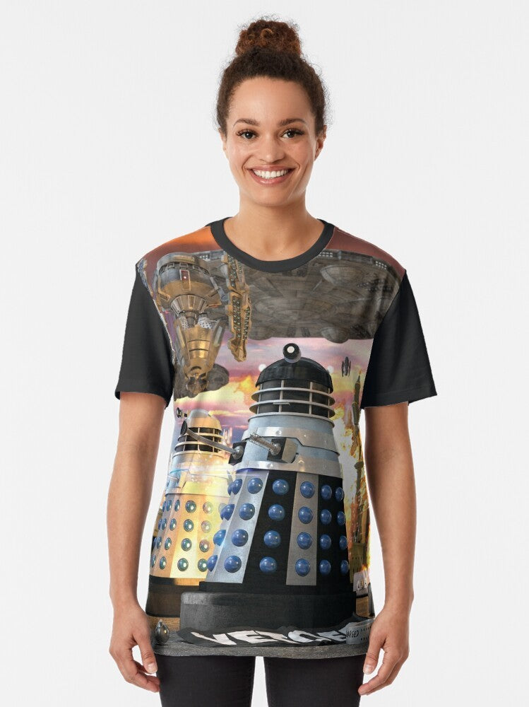 Graphic t-shirt with a striped design featuring the iconic Daleks from the sci-fi series invading Earth - Women