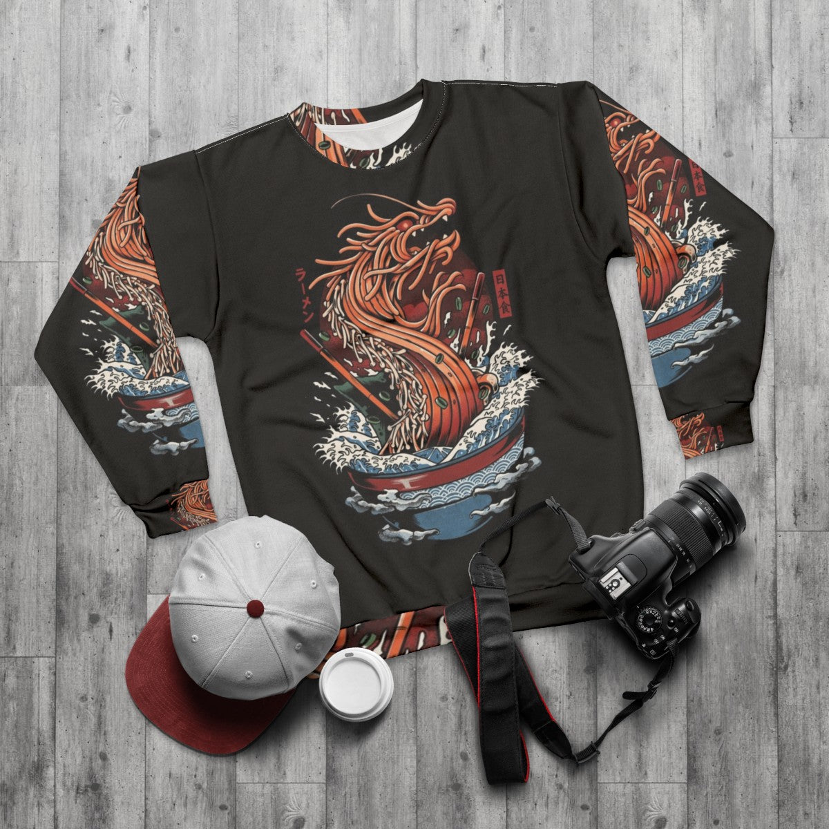 Ramen Dragon Sweatshirt with Japanese Art Inspired Kaiju Food Design - flat lay