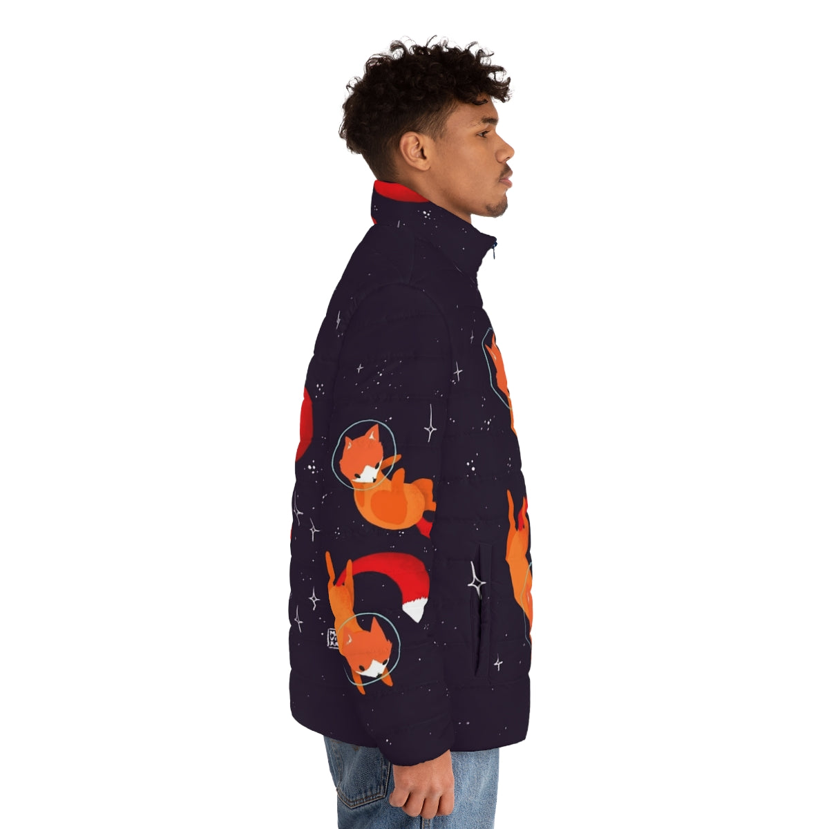 Puffer jacket featuring a digital illustration of cute space foxes in a starry galaxy - men side right