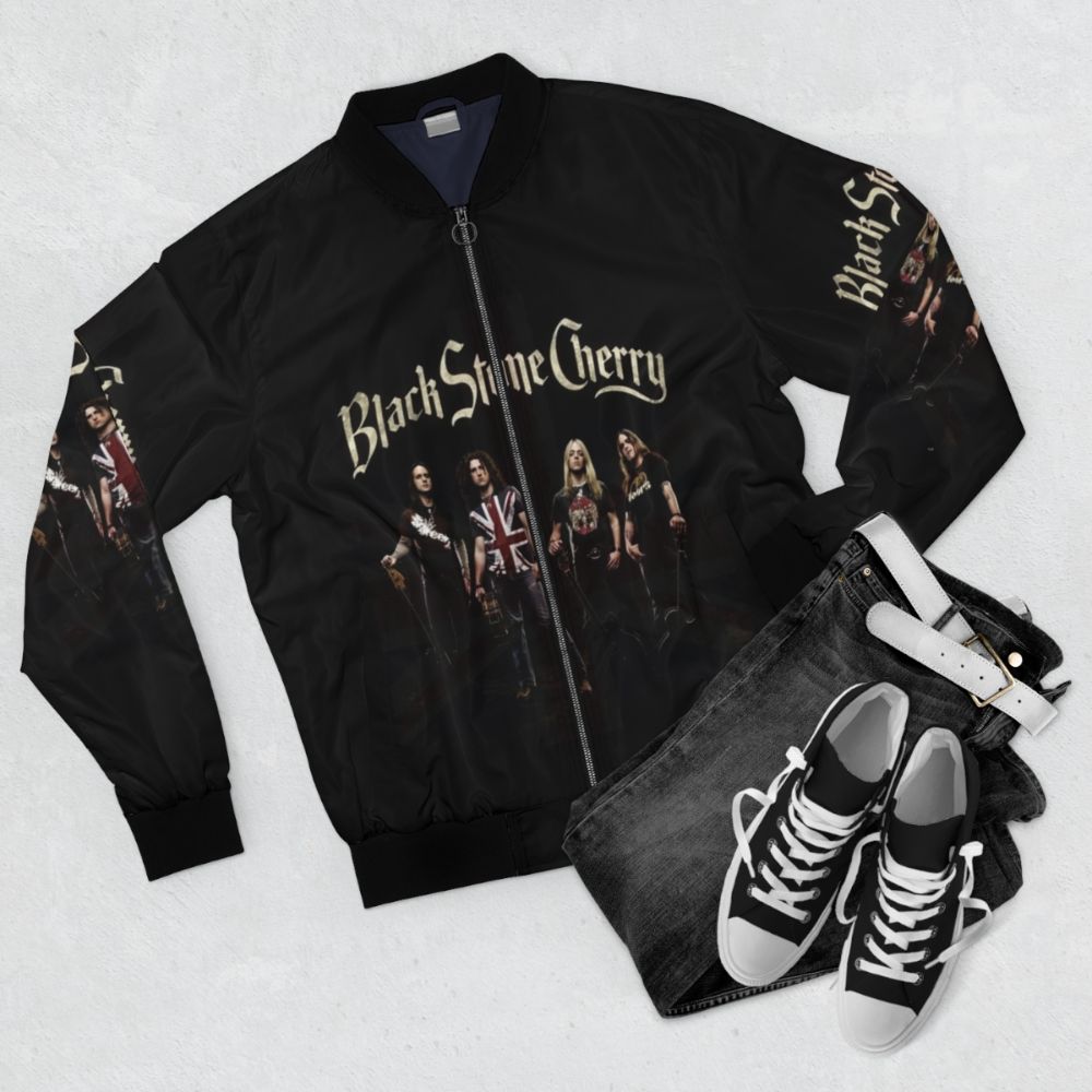 Hard rock music bomber jacket with band logo - Flat lay