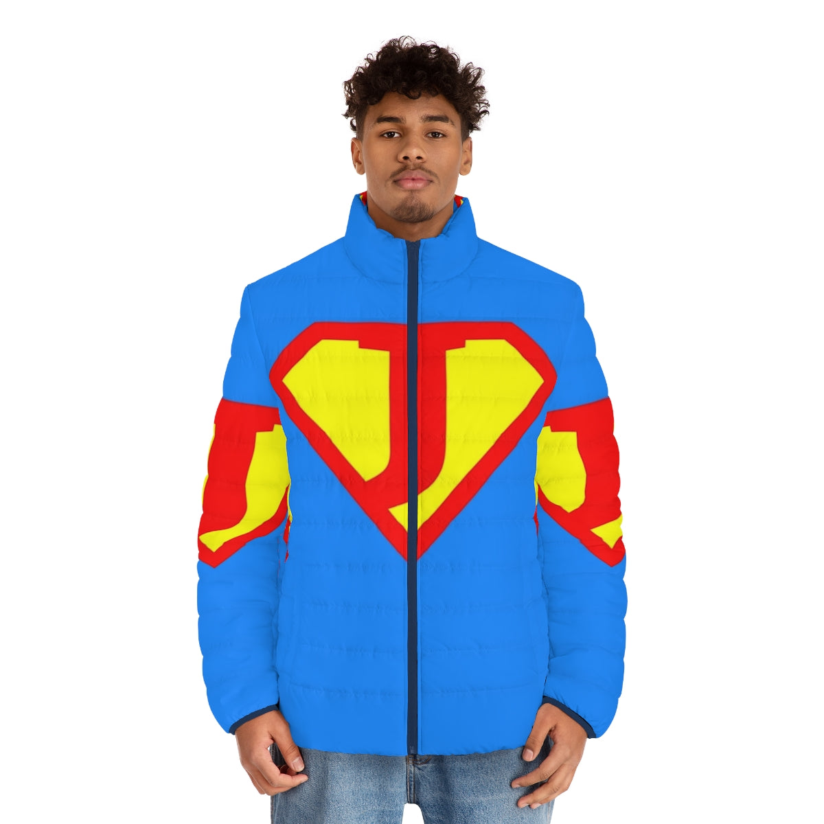 Super Letter A-Z Puffer Jacket featuring comic book-inspired superhero designs - men front