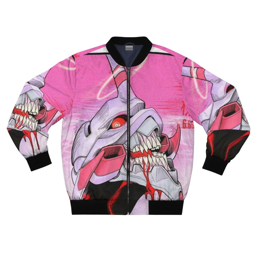 Evangelion Unit 01 bomber jacket with anime mech and Japanese kanji design