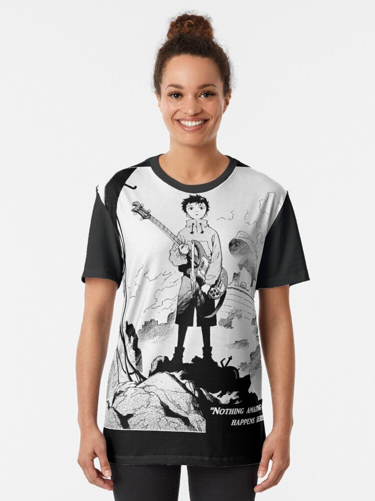 FLCL Fooly Cooly graphic t-shirt with the text "Nothing Amazing Happens Here..." - Women