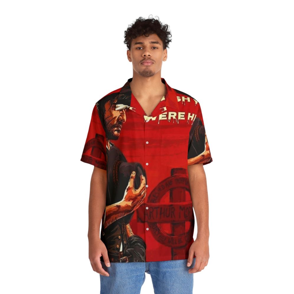 John Marston Hawaiian Shirt with cowboy and gaming elements - People Front