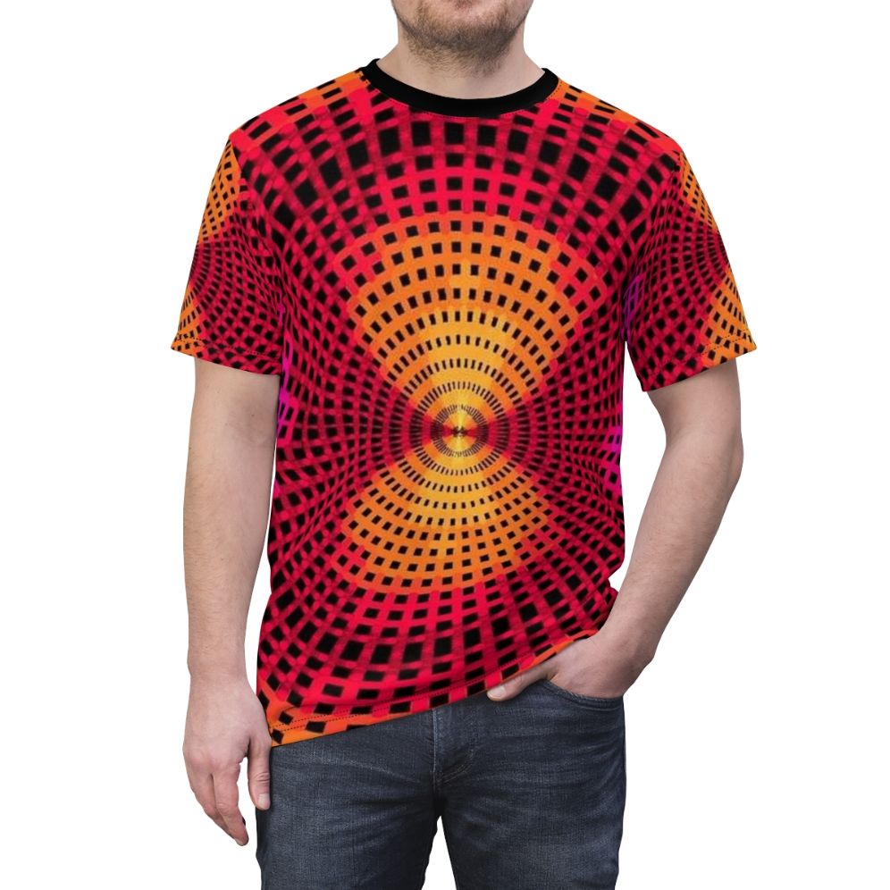 A t-shirt featuring a vibrant, concentric circle pattern in a modern, abstract design. - men front