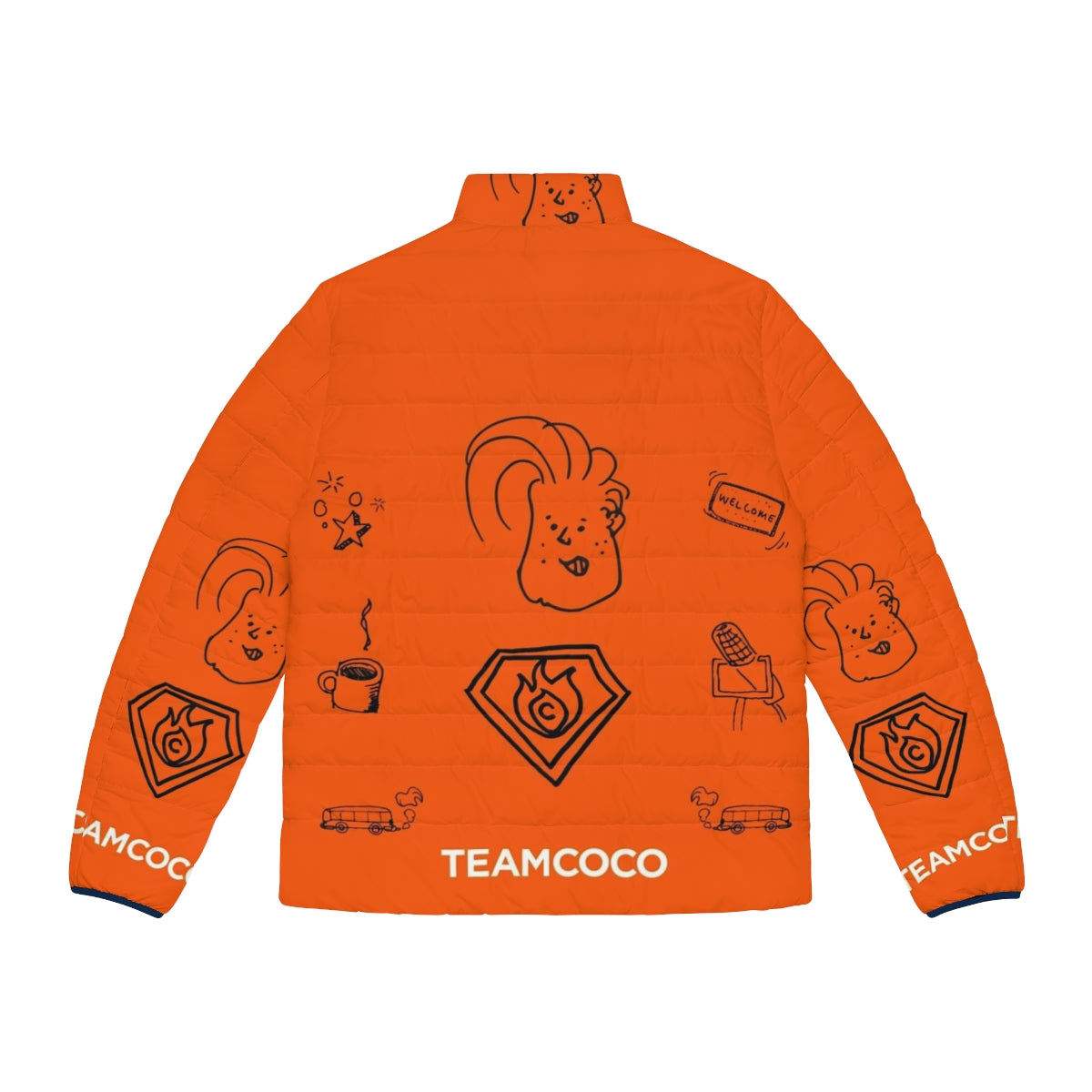 Team Coco Doodle World Puffer Jacket featuring Conan O'Brien's iconic brand - Back