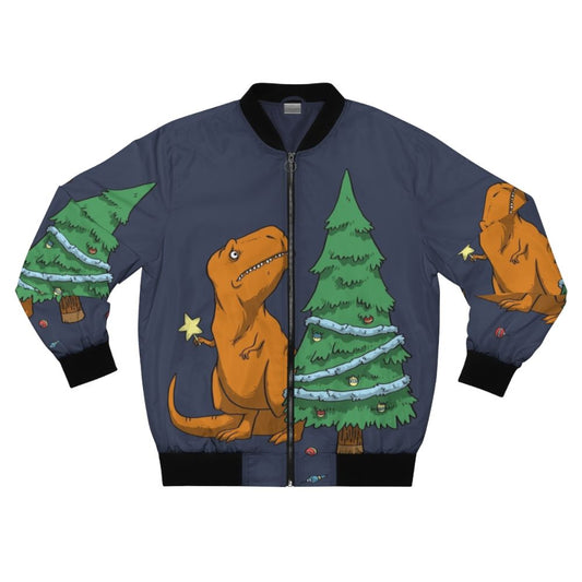 A funny t-rex bomber jacket with tiny arms and a festive holiday design, perfect for kids during the winter season.