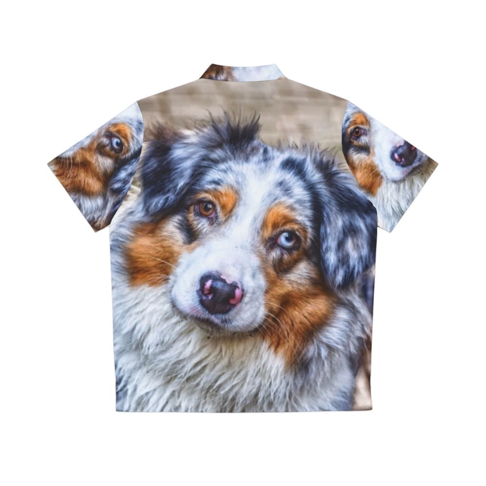 Colorful Australian Shepherd dog wearing a Hawaiian-inspired shirt - Back