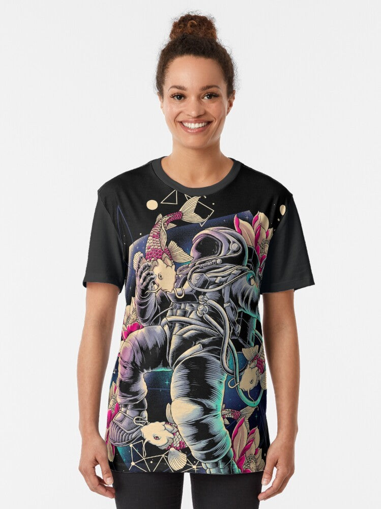 Deep Space Graphic T-Shirt featuring an astronaut, cosmic elements, and geometric designs - Women