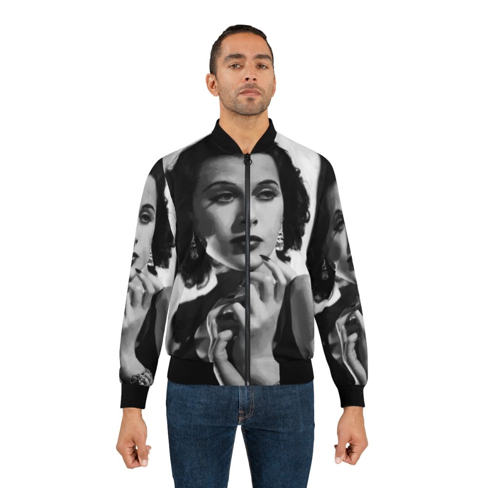 Vintage bomber jacket featuring a portrait of Hedy Lamarr, the iconic Hollywood actress and inventor - Lifestyle